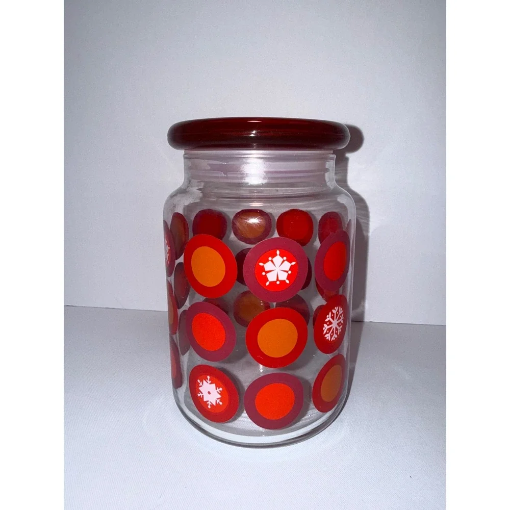 Vintage Red Orange Polka Dot Snowflake Glass Canister Jar with Red Lid 6in
